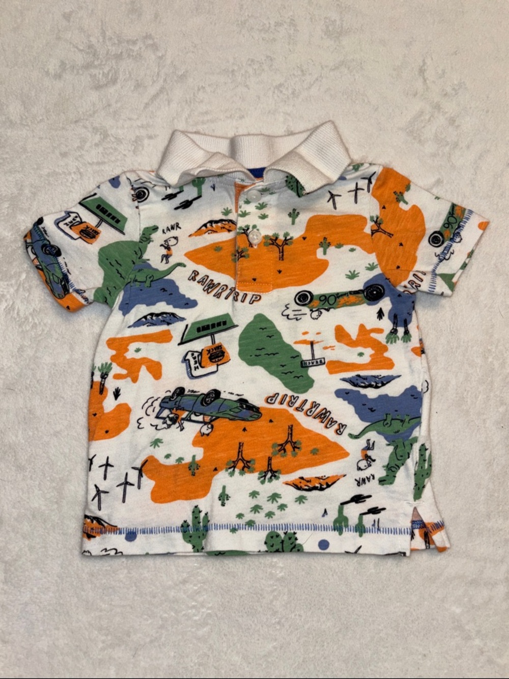 (3 for $10) Joe fresh White Polo with Orange, Green & Blue Adventure Print